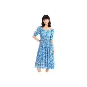 Hopeshow Short-Sleeved Dresses Women's Blue Background With Flowers