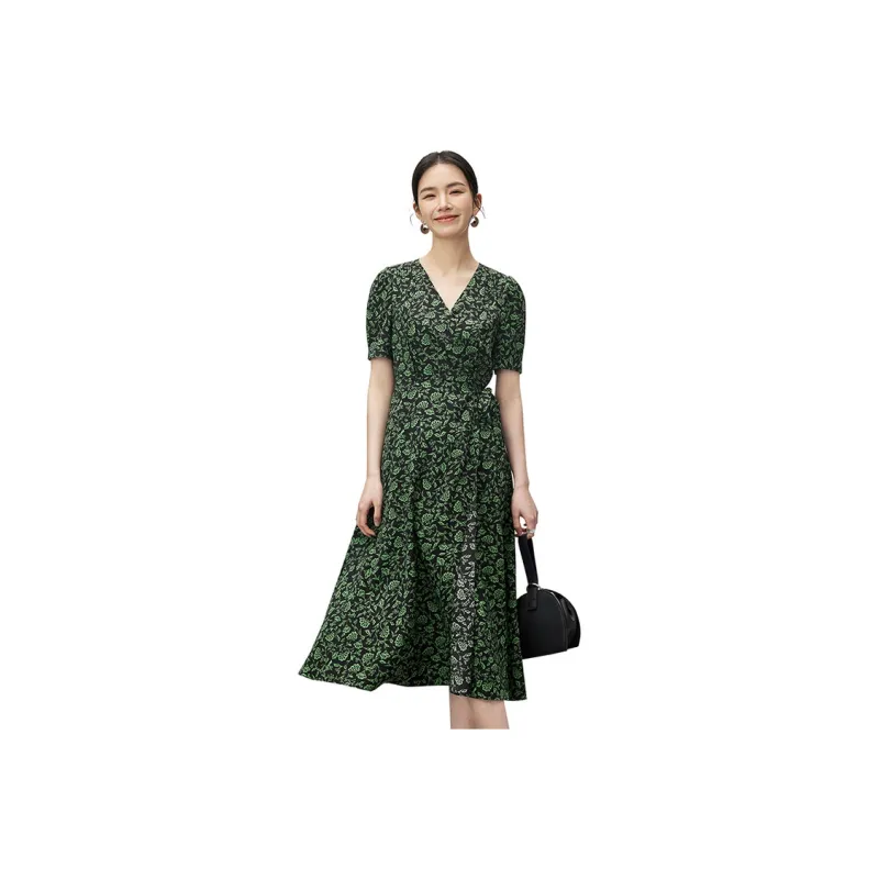 SENTUBILA Short Sleeved Dresses Women's Black With Green Floral-0