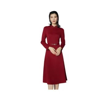 BBLLUUEE Long Sleeved Dress Women's Maple Leaf Red