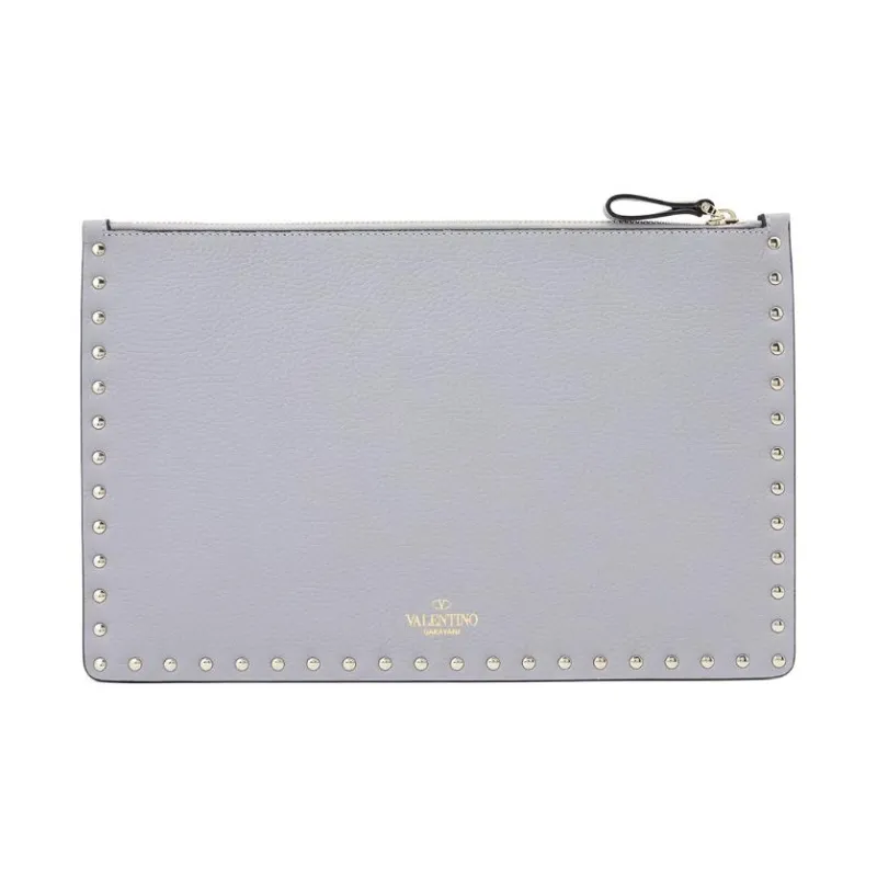 Valentino Rockstud Cow Leather Clutch Women's Gray-0