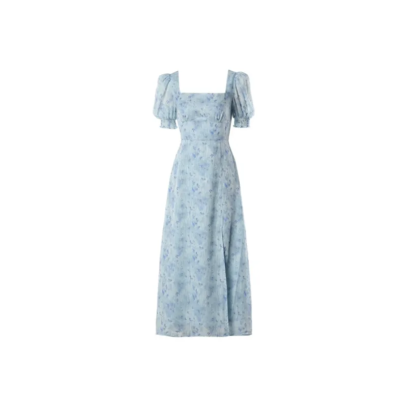 DPLAY Short Sleeved Dress Women's Sea Flower Glaze Blue-0