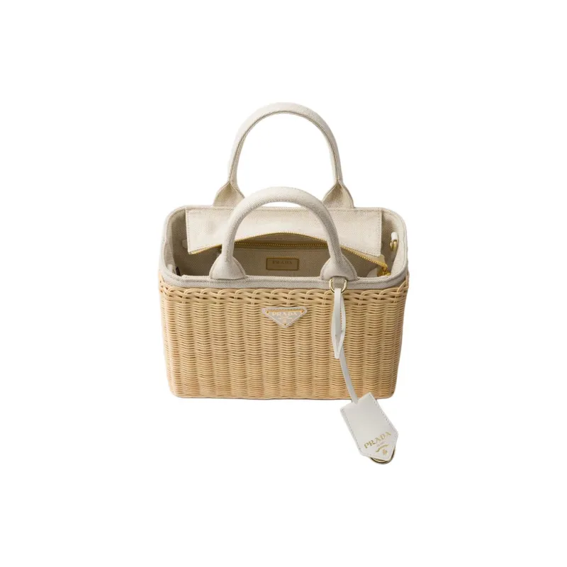 PRADA Wicker Handbag Medium Size Women's Tan & White-4