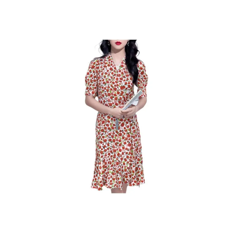 GOELIA Short Sleeved Dress Women's Red Rose Print-0