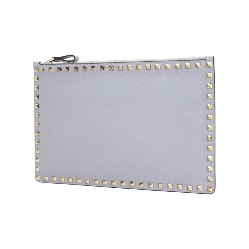 Valentino Rockstud Cow Leather Clutch Women's Gray-1