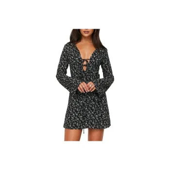 PRINCESS POLLY MALOP LONG SLEEVE MINI DRESS Long-Sleeved Dresses Women's Black Floral