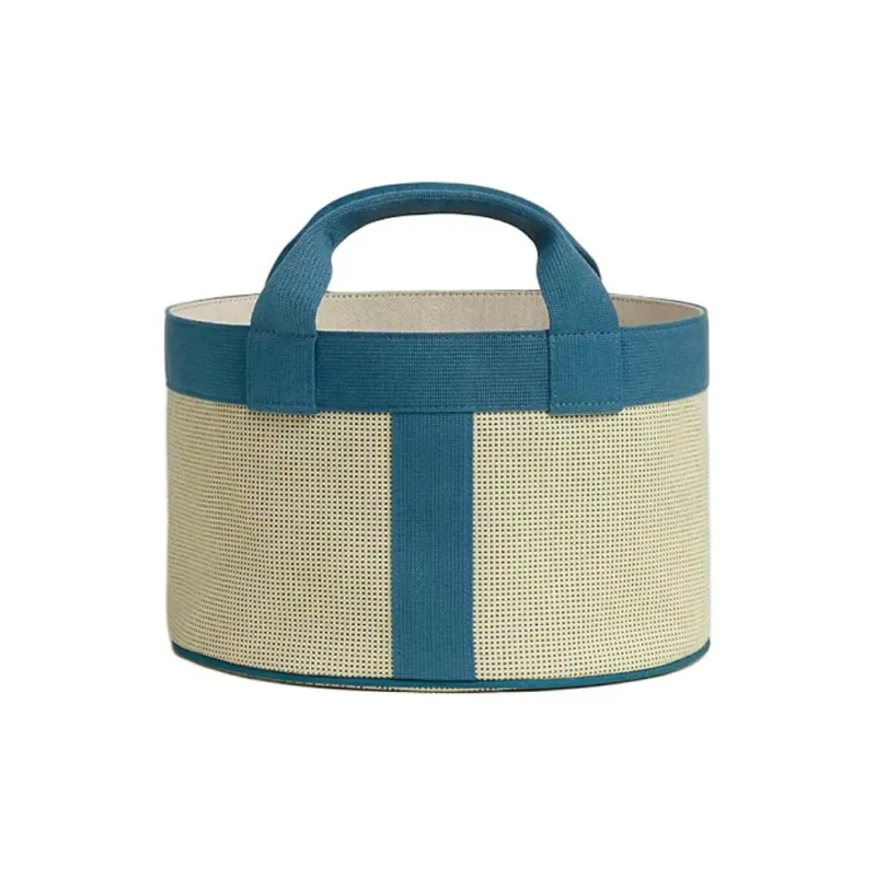 HERMES Les Cabanes Cotton Canvas Bag, Storage Bag, Handbag Small Size Women's Blue & Beige Yellow-1