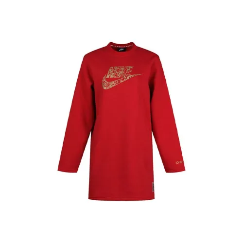 Nike Women's Logo Print Long Sleeve Dress Red