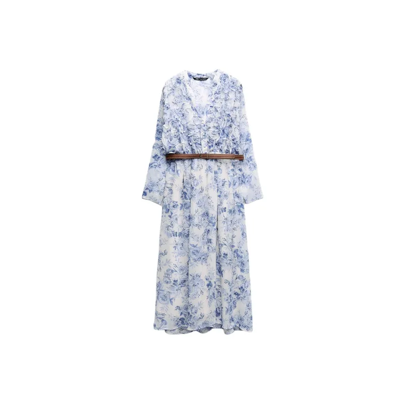 ZARA Long-Sleeved Dresses Women's Blue-0