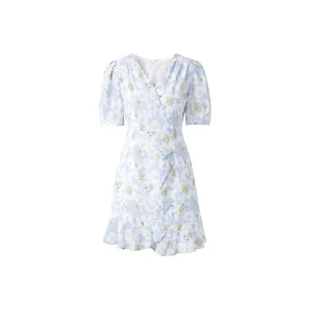 PEACEBIRD Short Sleeved Dress Women's Blue Pattern