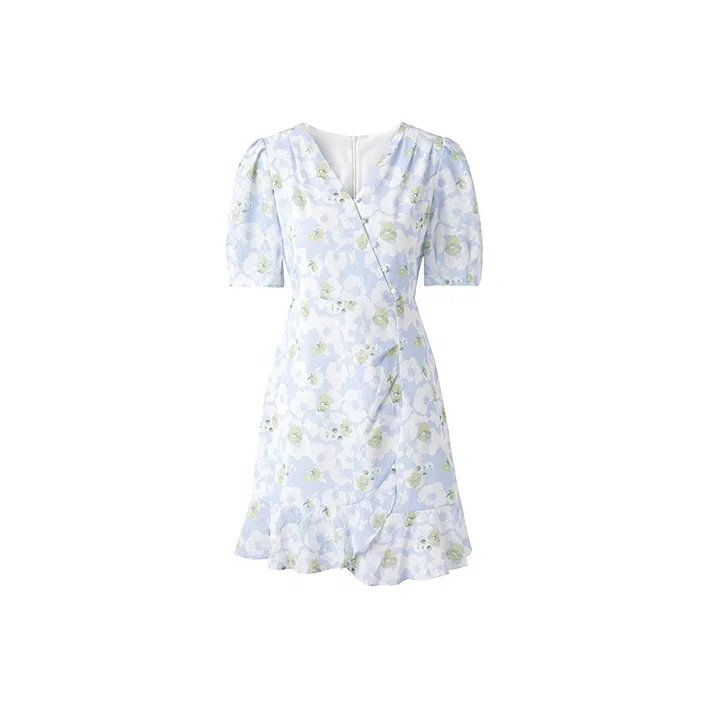 PEACEBIRD Short Sleeved Dress Women's Blue Pattern-0