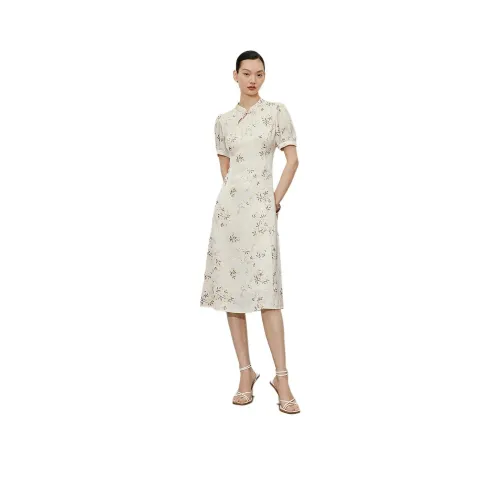 Hopeshow Short-Sleeved Dresses Women's Beige Base With Flowers