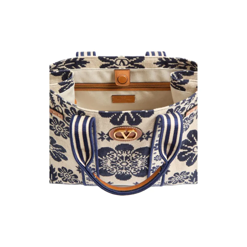 Valentino GARAVANI Jacquard Fabric Tote Bag, Shopping Bag, Handbag Women's Beige & Blue-4