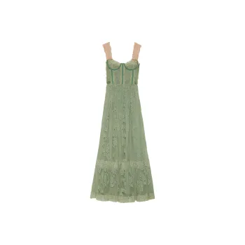 GUCCI Sleeveless Lace Corset Tiered Dress Green