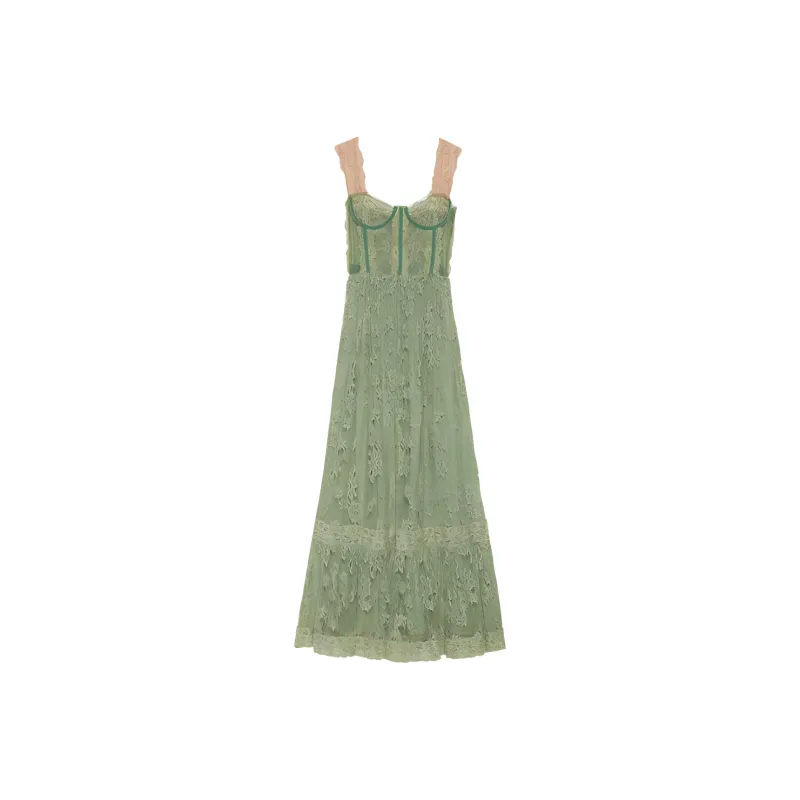GUCCI Sleeveless Lace Corset Tiered Dress Green-0