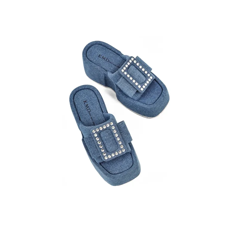 KMD Rubber Sole Metal Rhinestone Quiet Cushioning Slide Slippers Women's Blue-2