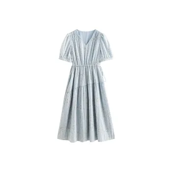 Initial Language Short Sleeved Dress Women's Light Blue