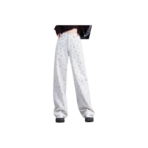 You Cow Me Pants Jeans Women's Beige Base Print