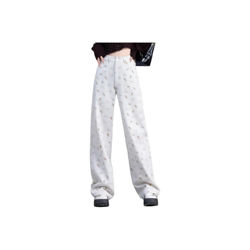 You Cow Me Pants Jeans Women's Beige With Print-0