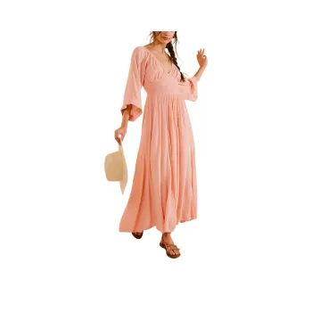 FREE PEOPLE Dixie Maxi Long-Sleeved Dresses Women's Coral Pink/Coral Pink