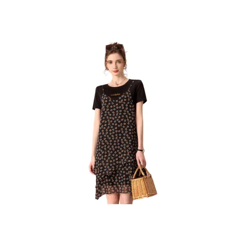 FENHONGMALI Short-Sleeved Dresses Women's Black