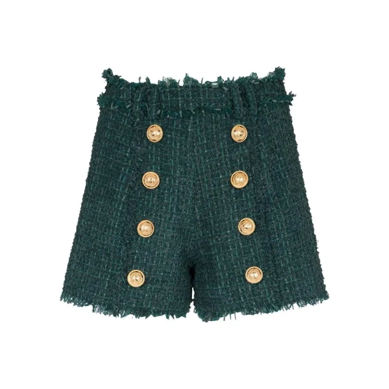 BALMAIN High-Waist Button-Detailed Tweed Shorts-0