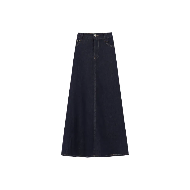 Rose Denim Long Skirts Women's Dark Blue-0