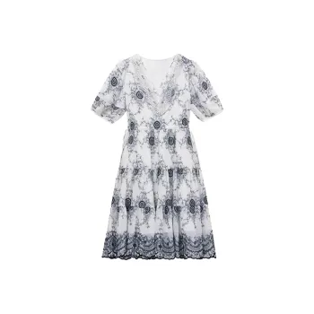 Mapping Short-Sleeved Dresses Women's White Base Black Floral