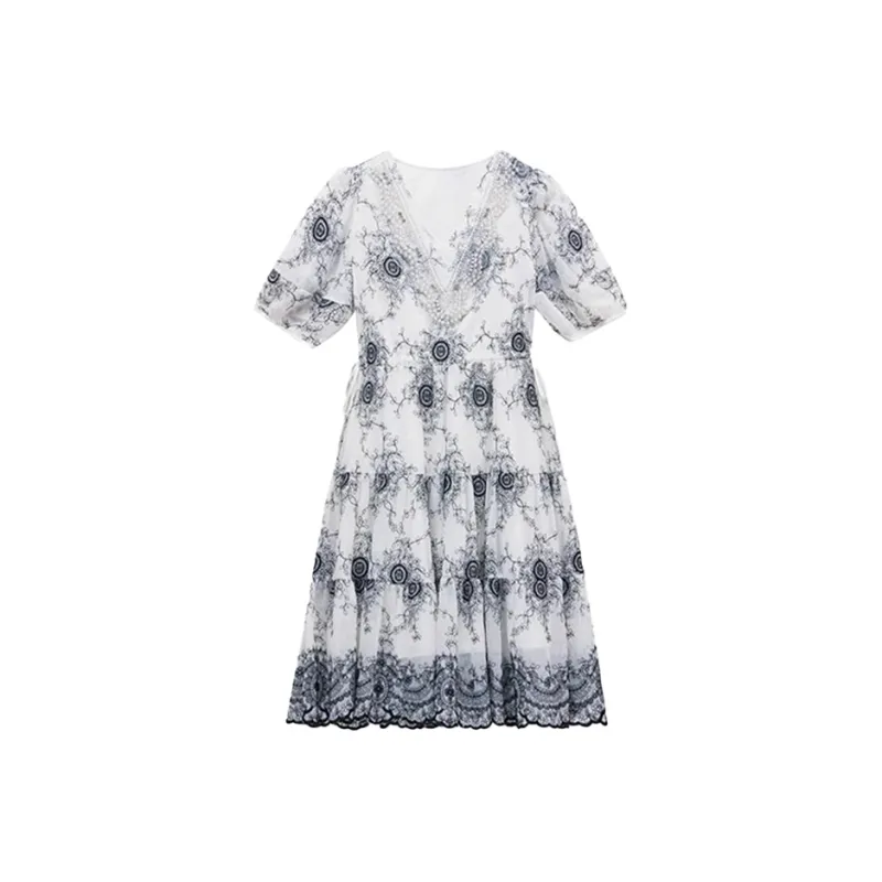 Mapping Short-Sleeved Dresses Women's White Base Black Floral-0