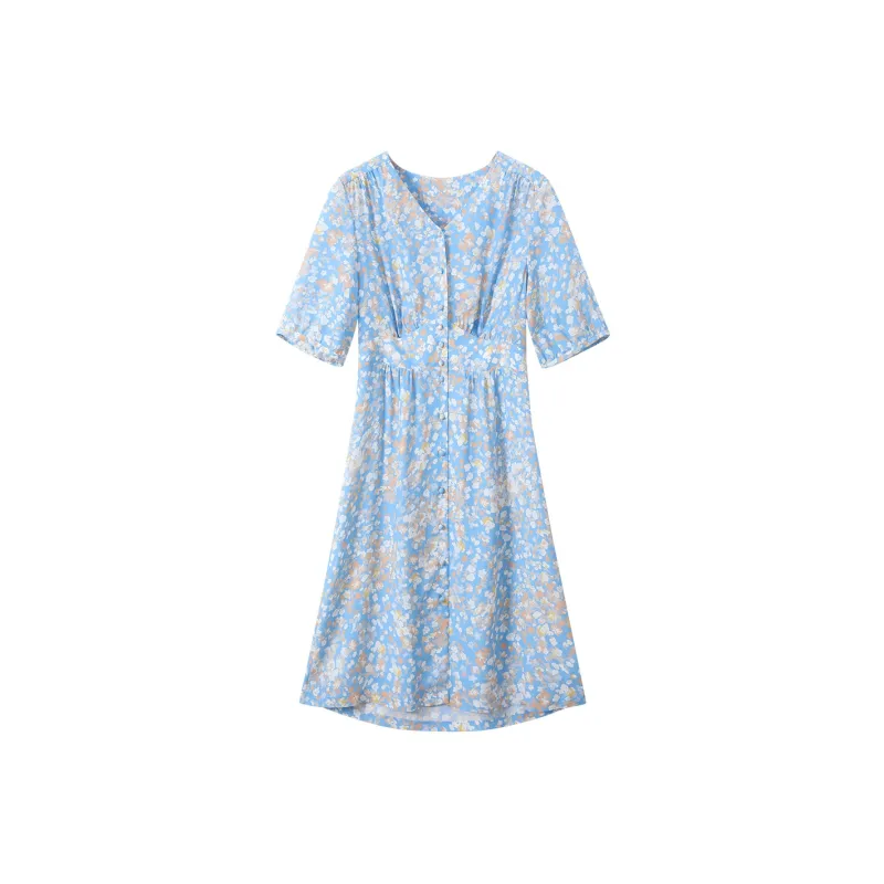 H YXIANG Short Sleeved Dresses Women's Blue Small Floral-0