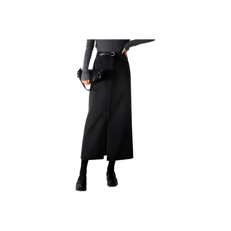 Mo Han Yi Mei Denim Long Skirt Women's Black Gray-0