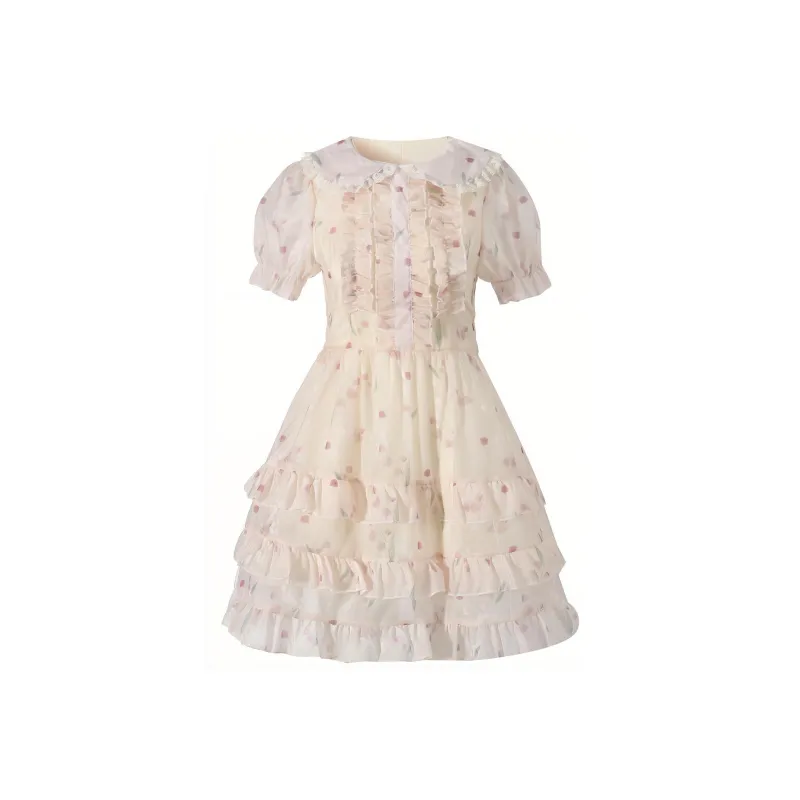 TIBINB Short Sleeved Dresses Women's Apricot Tulip-0