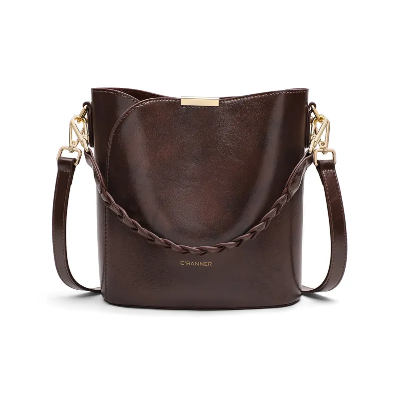 C°BANNER Cow Leather Shoulder Bag, Crossbody Bag, Bucket Bag Medium Size Women's Coffee-2