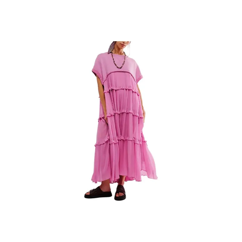 FREE PEOPLE Stacy Midi Dress Short-Sleeved Dresses Women's Moonlit Mauve/Light Fuchsia-0