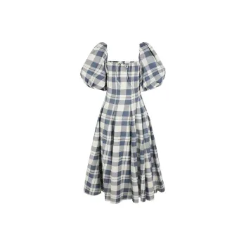Selkie Collection FW24 Short Sleeved Dress Women's Navy Blue With White Plaid Tea Towel Print