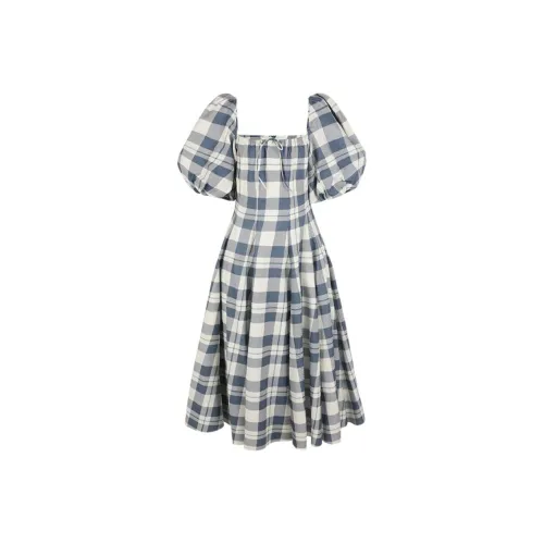 Selkie Collection FW24 Short Sleeved Dress Women's Navy Blue With White Plaid Tea Towel Print