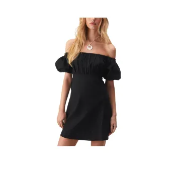 NASTY GAL Linen Mix Bardot Puff Sleeve Mini Dress Short-Sleeved Dresses Women's Black