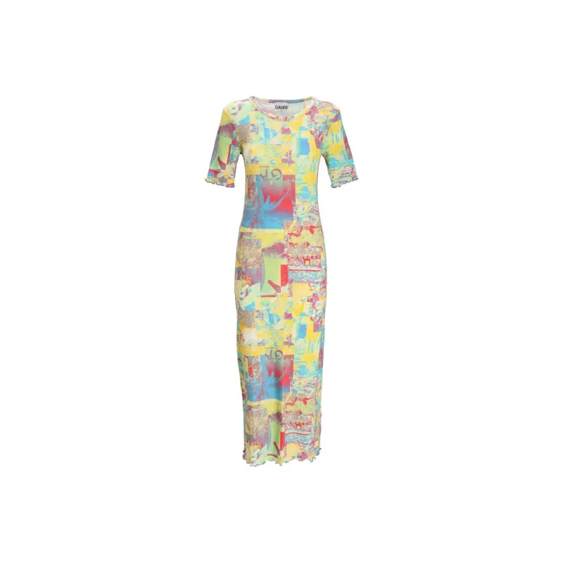 GANNI Graphic Printed Ruffled Hem Knitted Maxi Dress-0
