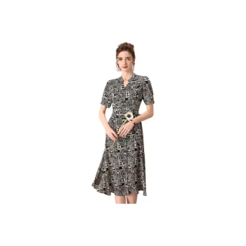 FENHONGMALI Short-Sleeved Dresses Women's Black White Heather