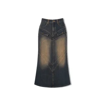 LA CRAWFISH Denim Long Skirts Women's Vintage Denim Blue