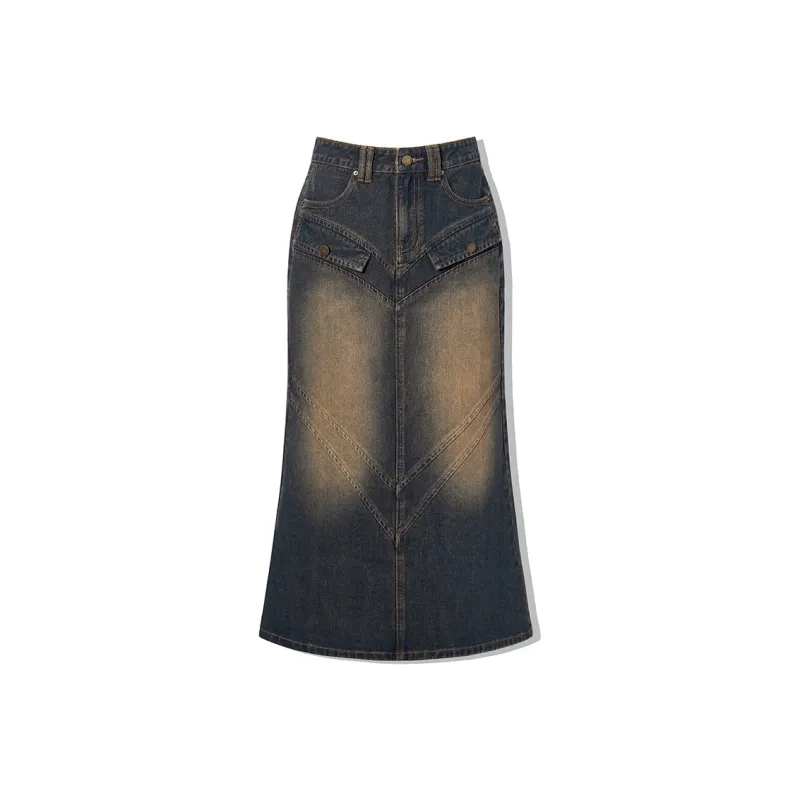 LA CRAWFISH Denim Long Skirts Women's Vintage Denim Blue-0