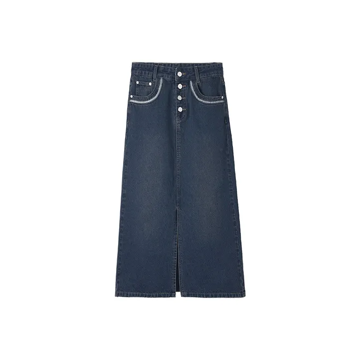 HIPPIEMISS Denim Long Skirts Women's Vintage Dark Blue-0