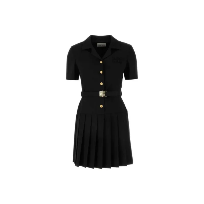 MIU MIU Short Sleeved Belted Pleated Dress-0