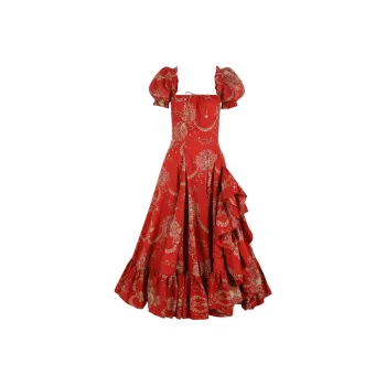 Selkie Collection FW24 Short Sleeved Dress Women's ORNAMENT Red Background Heraldry Celebration Miniature Print