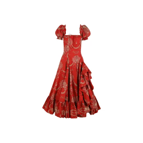 Selkie Collection FW24 Short Sleeved Dress Women's ORNAMENT Red Background Heraldry Celebration Miniature Print