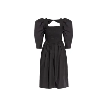 GANNI Ruched Square Neck Ribbon Back Dress