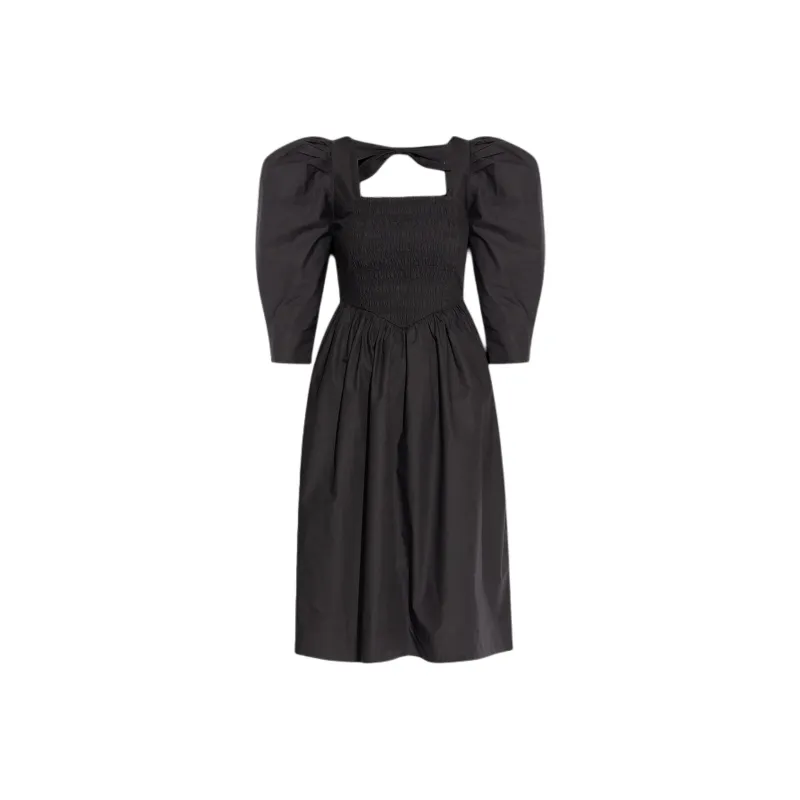 GANNI Ruched Square Neck Ribbon Back Dress-0