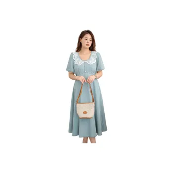 DAMABAIFENBAI Short Sleeved Dress Women's Vintage Blue