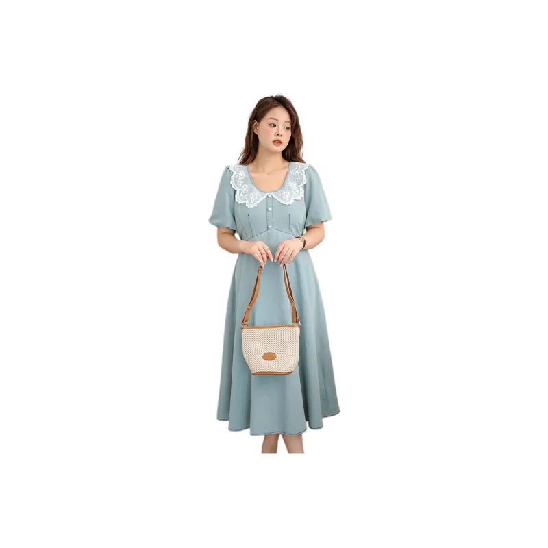 DAMABAIFENBAI Short Sleeved Dress Women's Vintage Blue-0