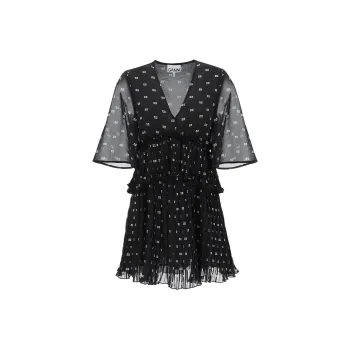 GANNI Butterfly Printed V Neck Pleated Mini Dress