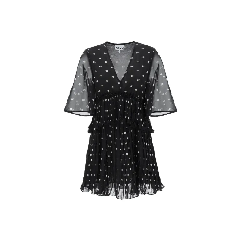 GANNI Butterfly Printed V Neck Pleated Mini Dress-0
